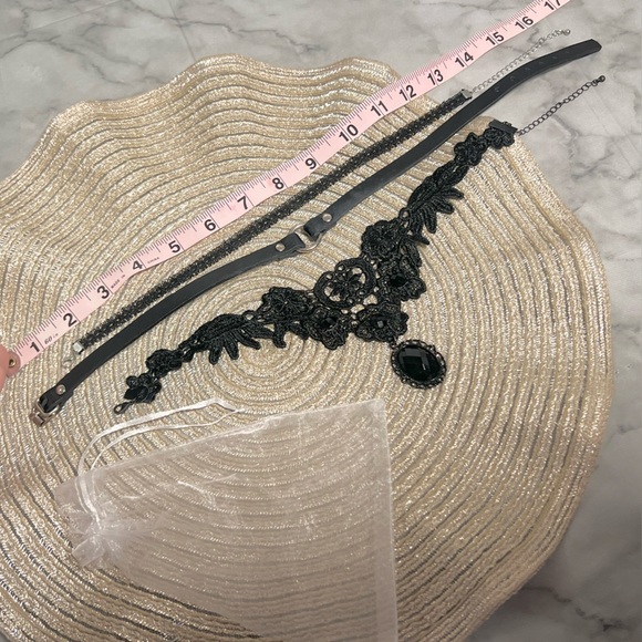 Romantic Goth Choker Bundle Quantity 3 Genuine Leather & Lace Layering 17" Gift - Picture 3 of 7